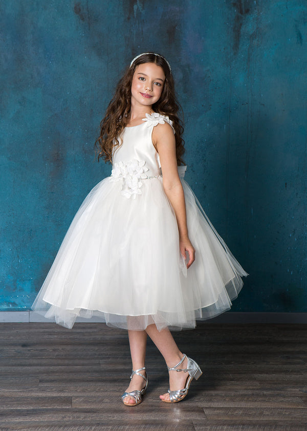 Big Girls Ivory Beaded Flower Appliques Tulle Junior Bridesmaid Dress 8-16 - SophiasStyle.com